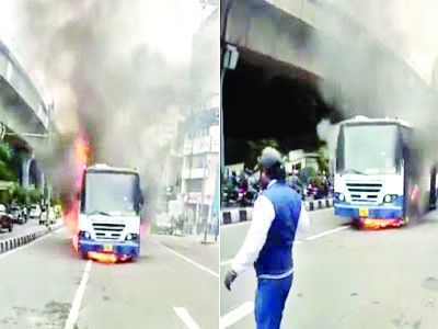 यात्रियों से भरी बस में लगी आग ,ड्राइवर की सतर्कता के चलते एक बड़ा हादसा टला